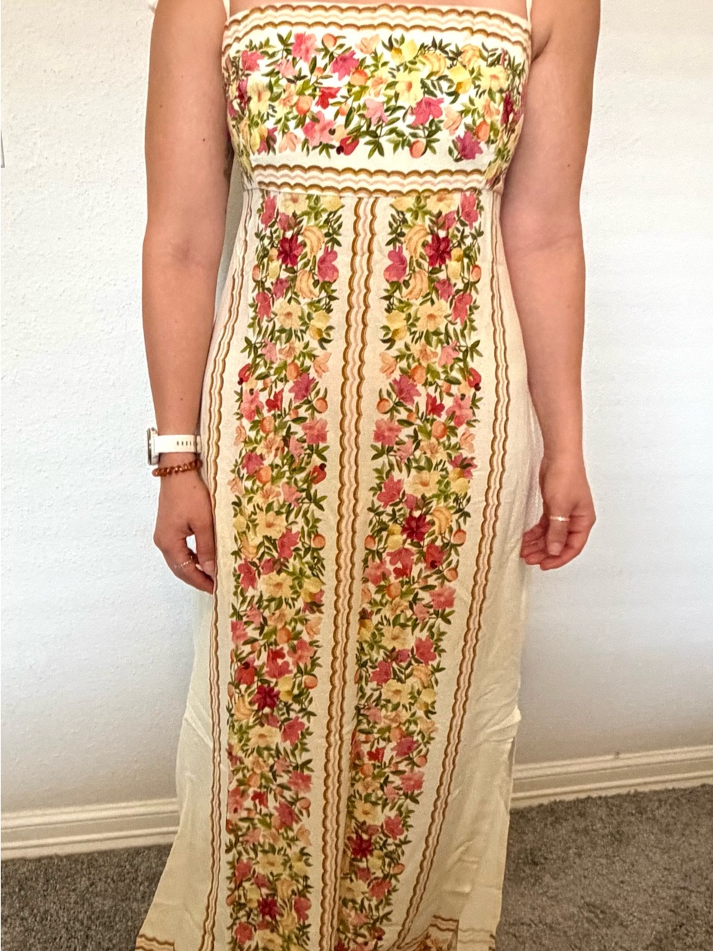 FARM Rio Cream Maxi Dress with Pink & Green Floral Stripes - Picture 3 of 8